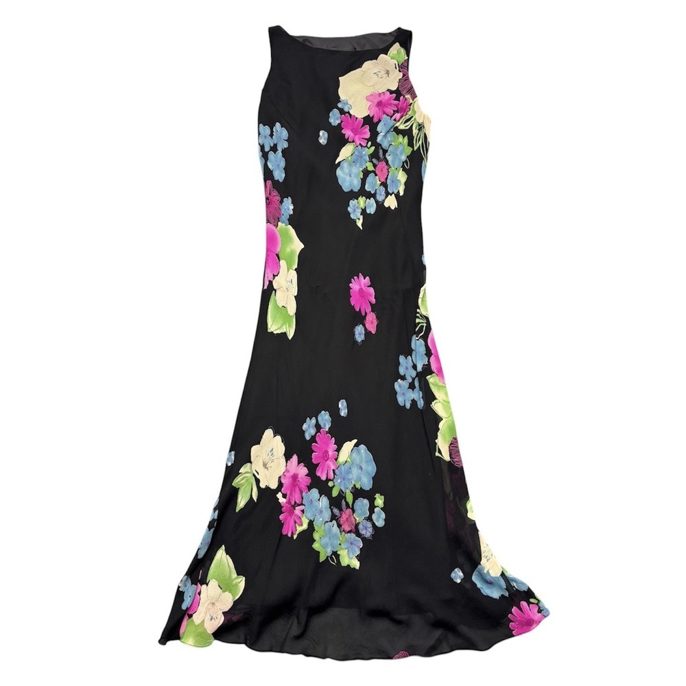 VTG Jones New York Dress 8 Black 100% Silk Floral Midi 90s Y2K Fairy Whimsigoth